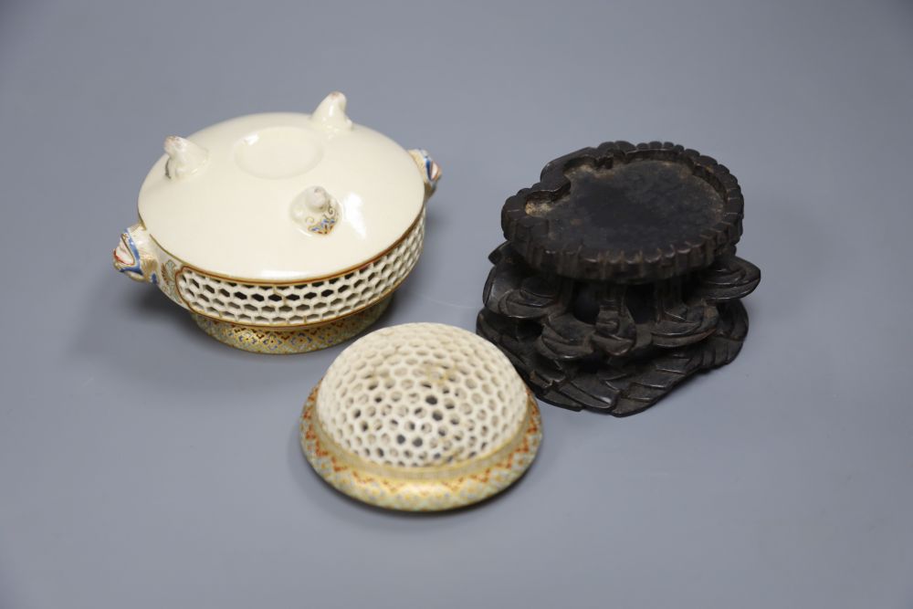 A Meiji period Satsuma reticulated pot pourri bowl and cover, 9cm and an ivory okimono (a.f.)